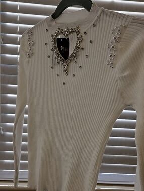 Embellished Cream Ribbed Sweater with Jeweled Heart